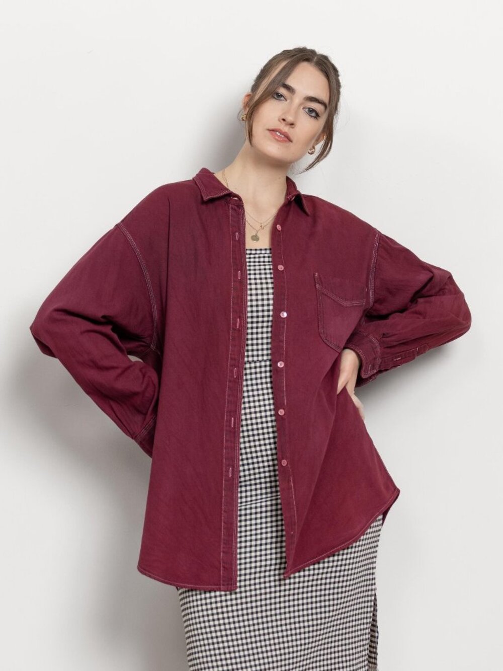 VINTAGE DENIM SHIRT Burgundy Jean Cotton Workwear Streetwear 90's Oversize Large